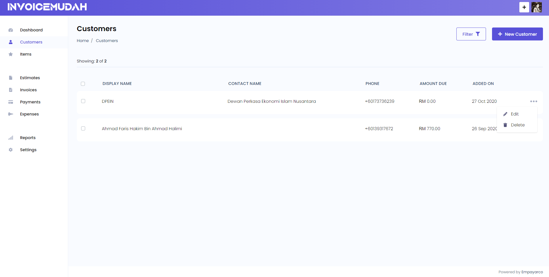 Customers Page