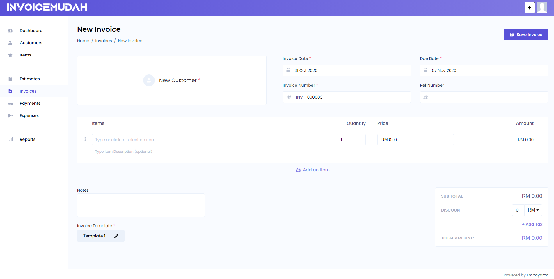 Invoics Create Page