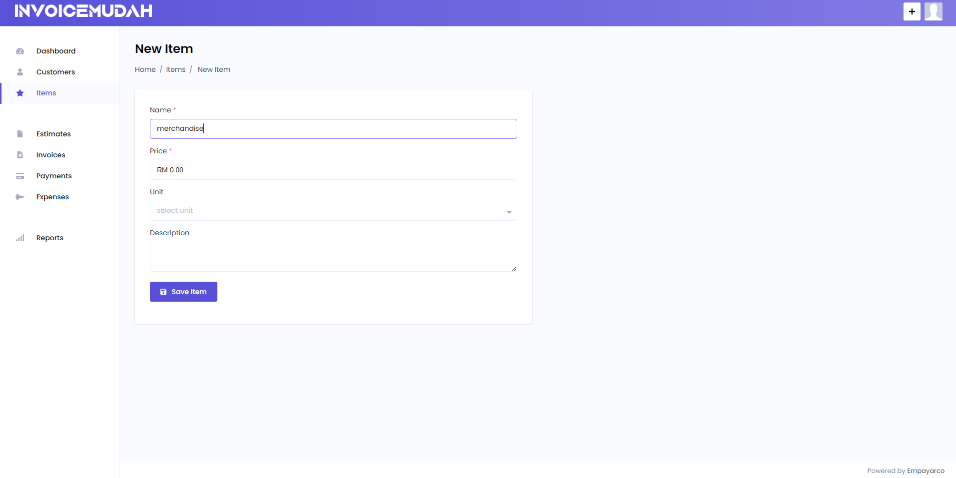 Item Create Page