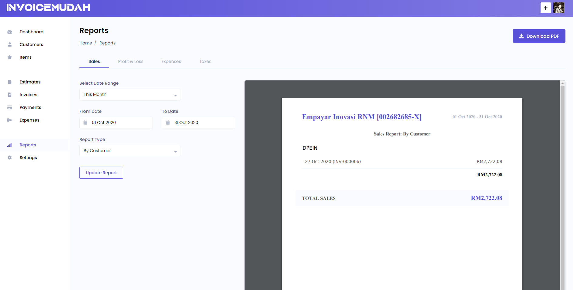 Sales Report Page