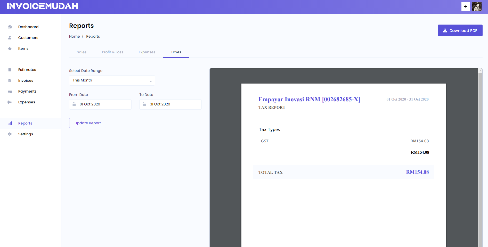 Taxes Report Page